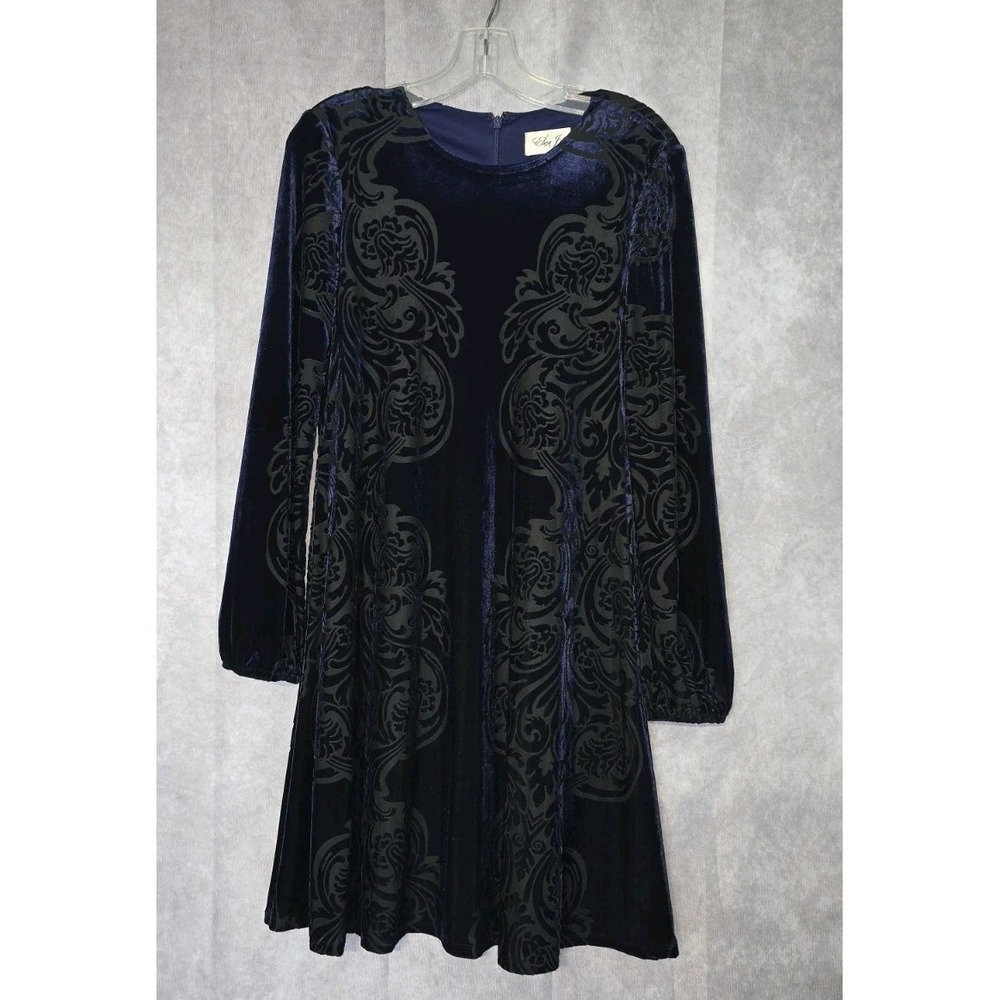 Eliza J Women's Blue Velour Dress Burnout Damask Shift Long Sleeve Size 4